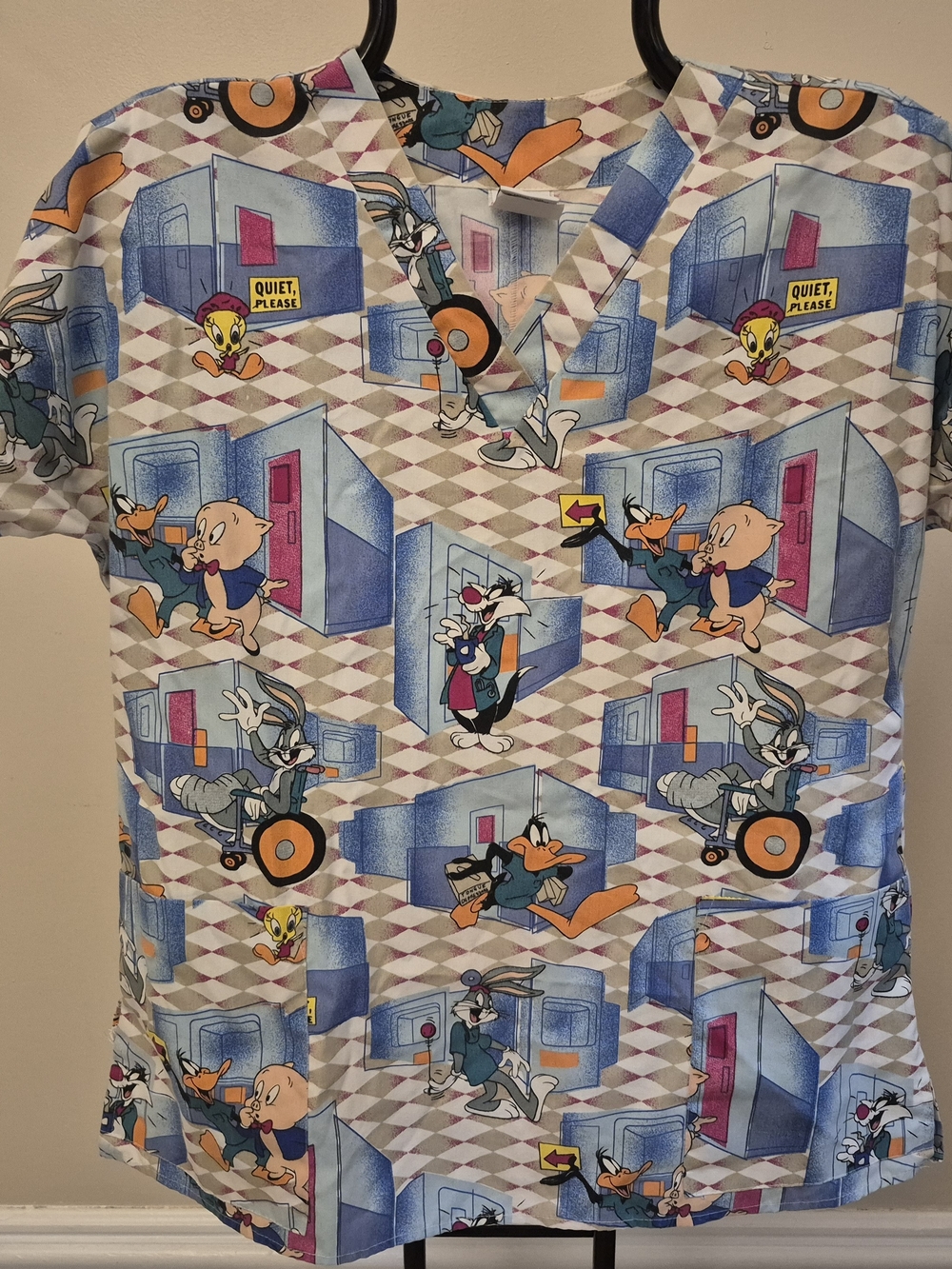 Warner Bros. Short-Sleeve Cartoon V-Neck Top in Blue, Pink, Orange and Yellow
